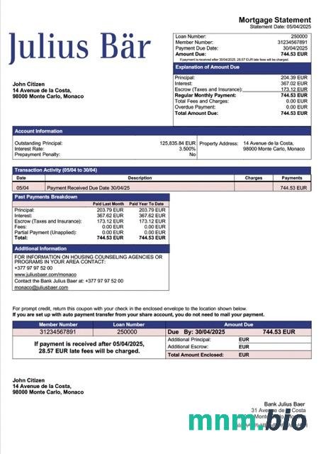 Monako Bank Julius Baer wyciąg z kredytu hipotecznego szablon Word i PDF
